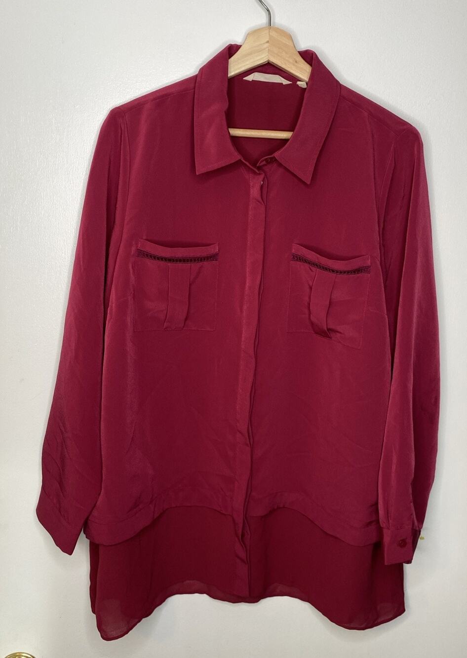 Soft Surroundings Burgundy Button Down Shirt Sheer Hem Sz Petite Large